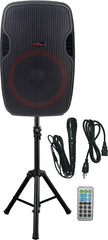 Simran SMP-1800 Professional Amplified 15" Inch Woofer 1800 Watt Active PA DJ Bluetooth Speaker System with USB, MMC, FM, BT, Voice Prompt And REC - Remote, Microphone And Stand Included