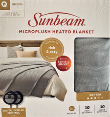 Sunbeam Microplush Heated Blanket 10-Heat Settings, Light Grey